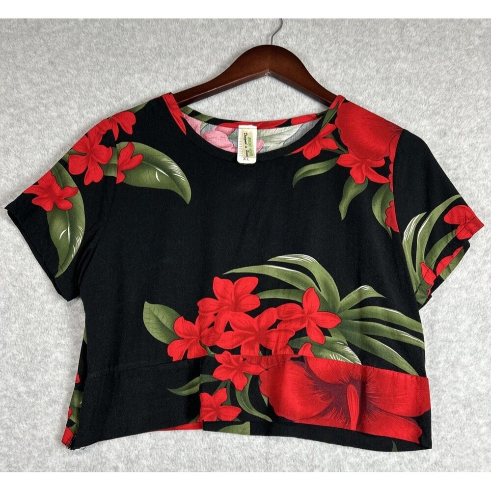 Bikini House Hawaiian Black & Red Floral Crop Top Side Zipper - XL